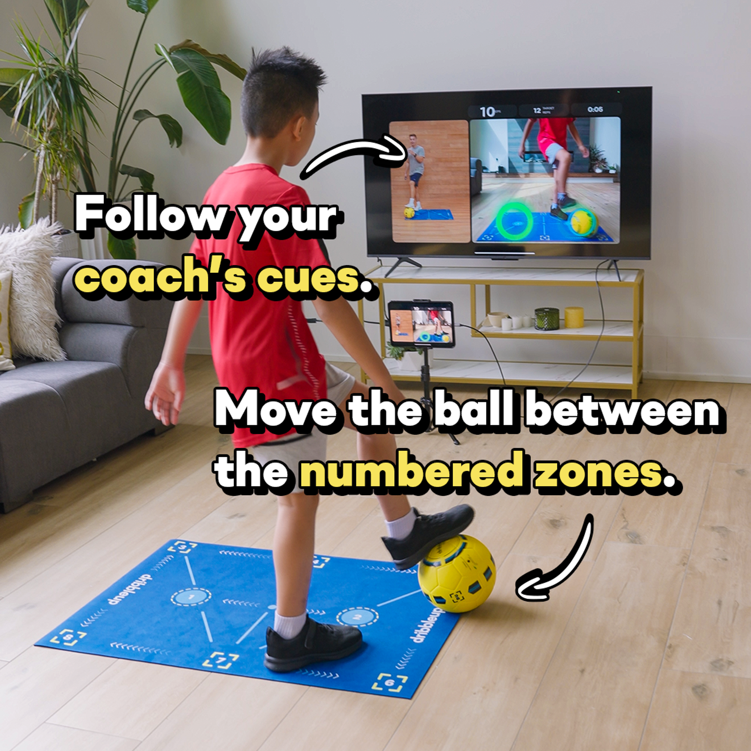 Soccer training mat with TV