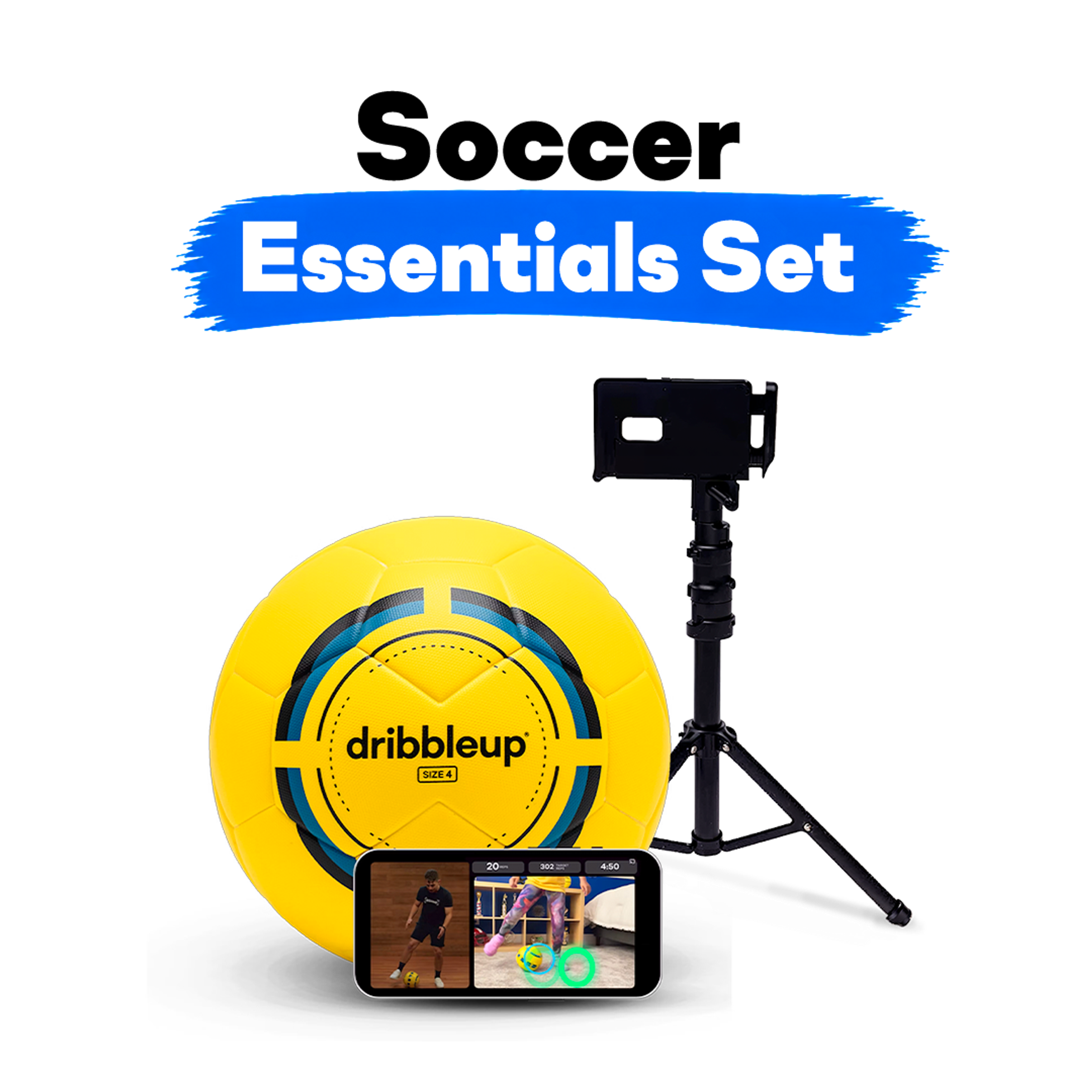 Dribbleup Soccer Essentials Set: smart soccer ball, adjustable phone stand, and app showing a live training session